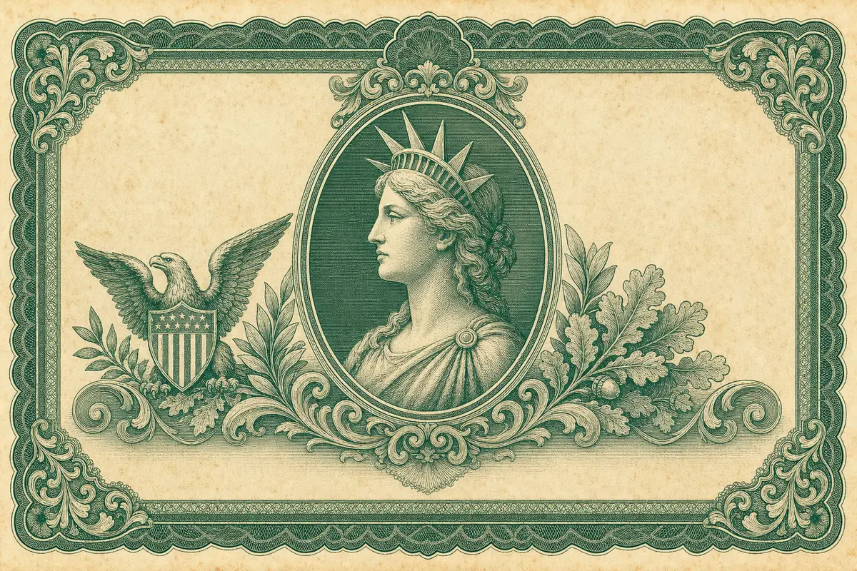 Engraving in the style of a United States savings bond certificate: a Liberty portrait medallion with an American eagle and laurel.